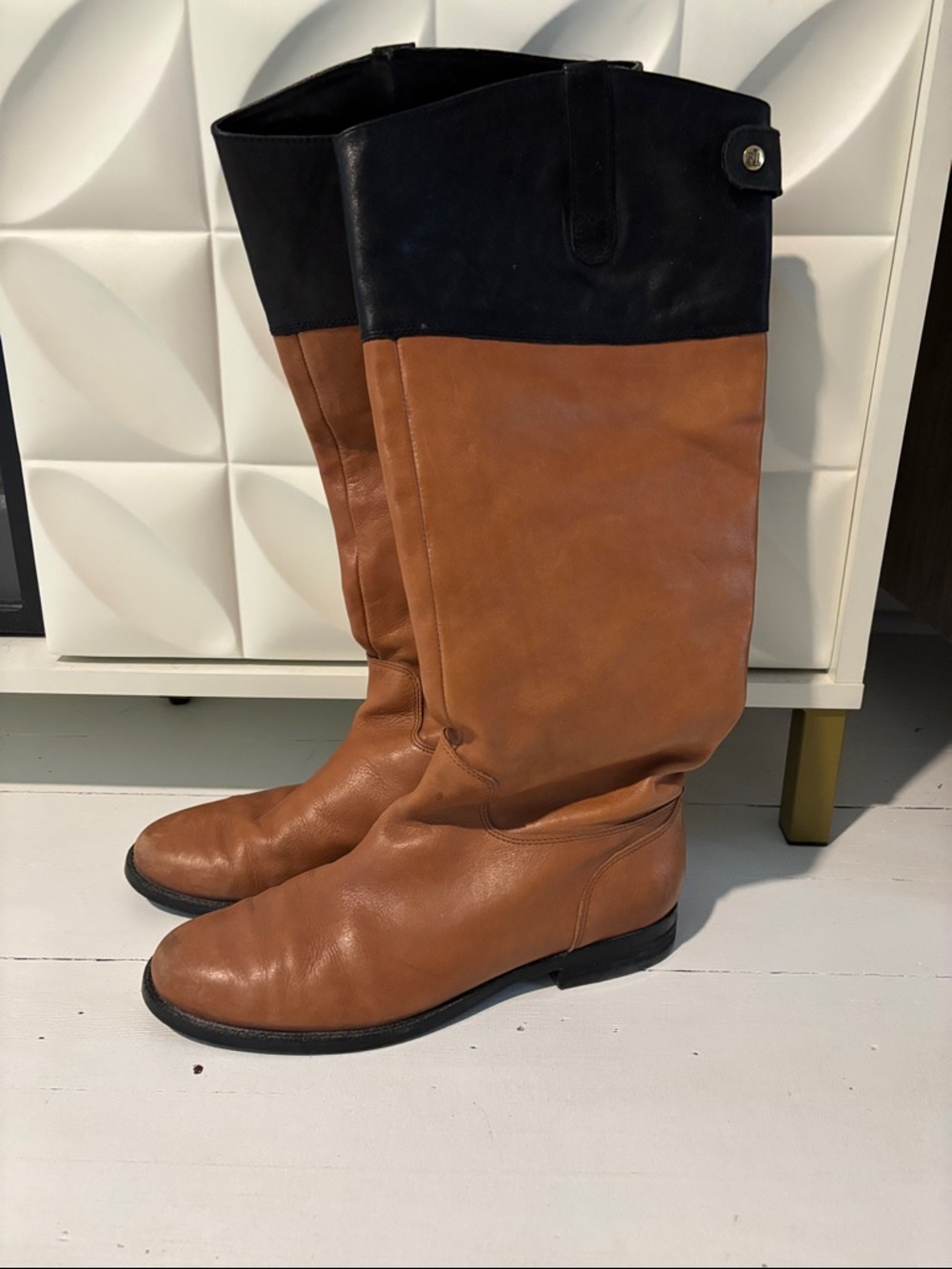 Polo by Ralph Lauren Two-Tone Tan and Black Leather Knee Boots